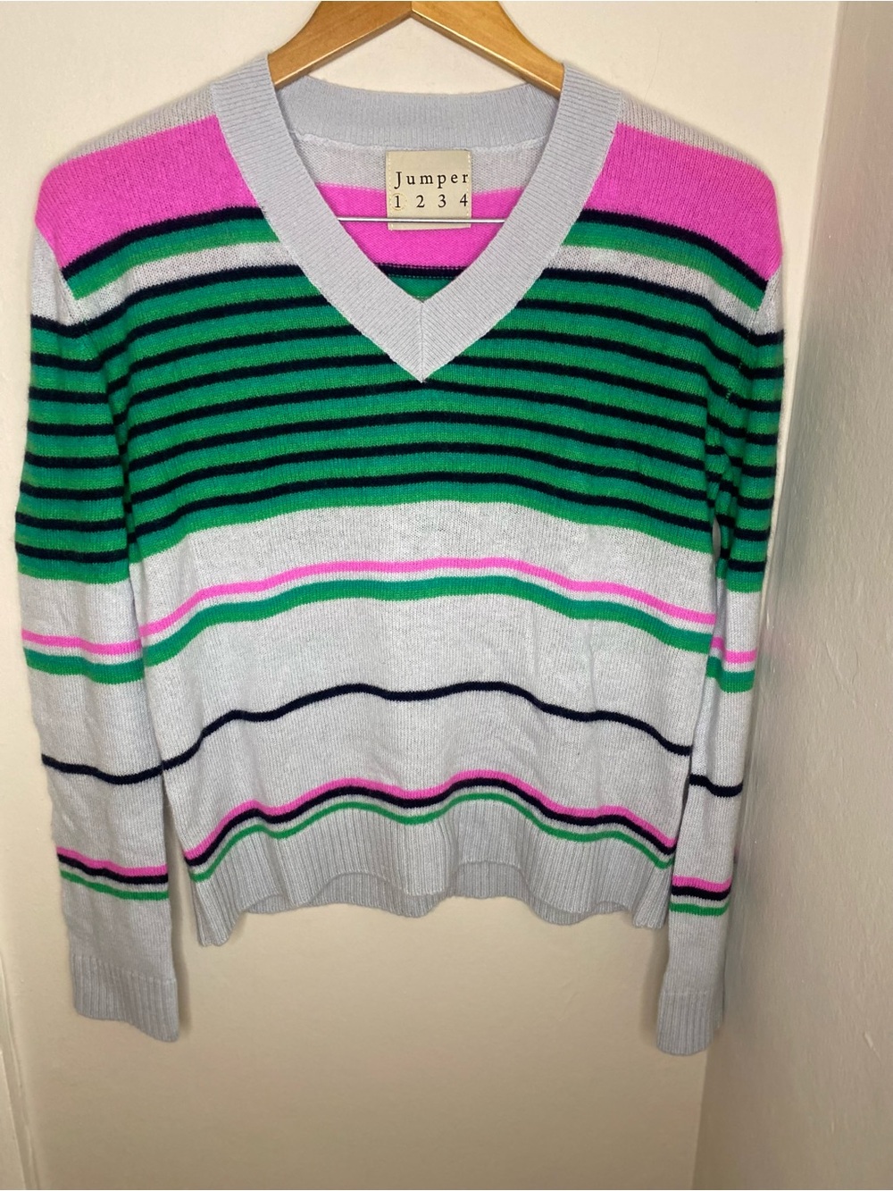 Jumper1234 Women's Striped V-Neck Sweater - Pink, Green, Light Gray Cashmere